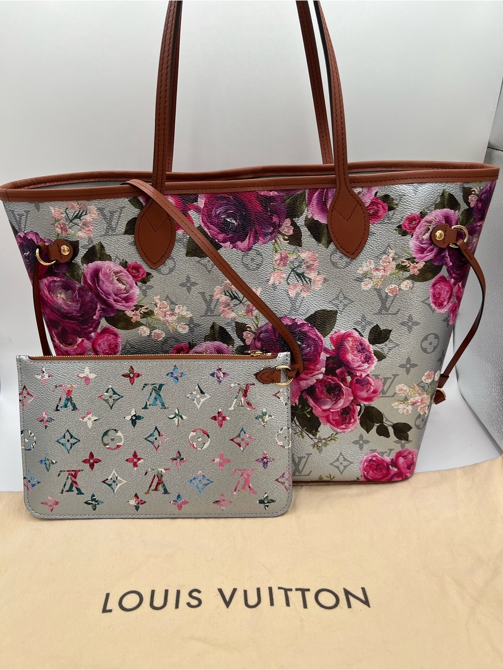 LOUIS VUITTON NEVERFULL MM GARDEN FLOWER ROSES SILVER Metallic BAG Pouch RARE😍🔥 - Picture 14 of 16